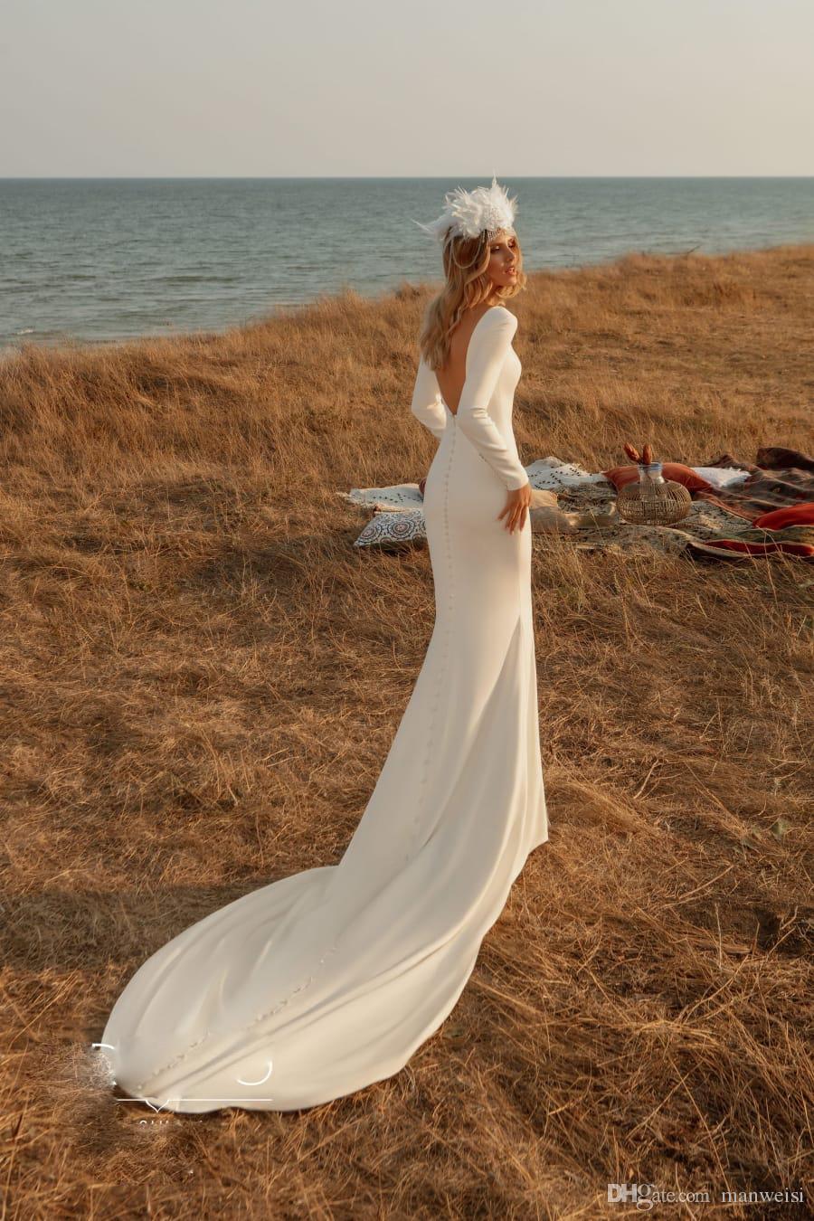 modest mermaid satin wedding dresses long sleeve backless bridal gowns sweep train boho country wedding dress robe de marie