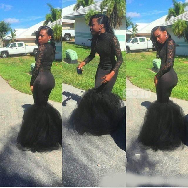 2020 High Neck Black Girl Mermaid Prom Dresses Lace Sweep Train Zipper Back Long Sleeve Formal Evening Dresses Prom Gowns Garden Party