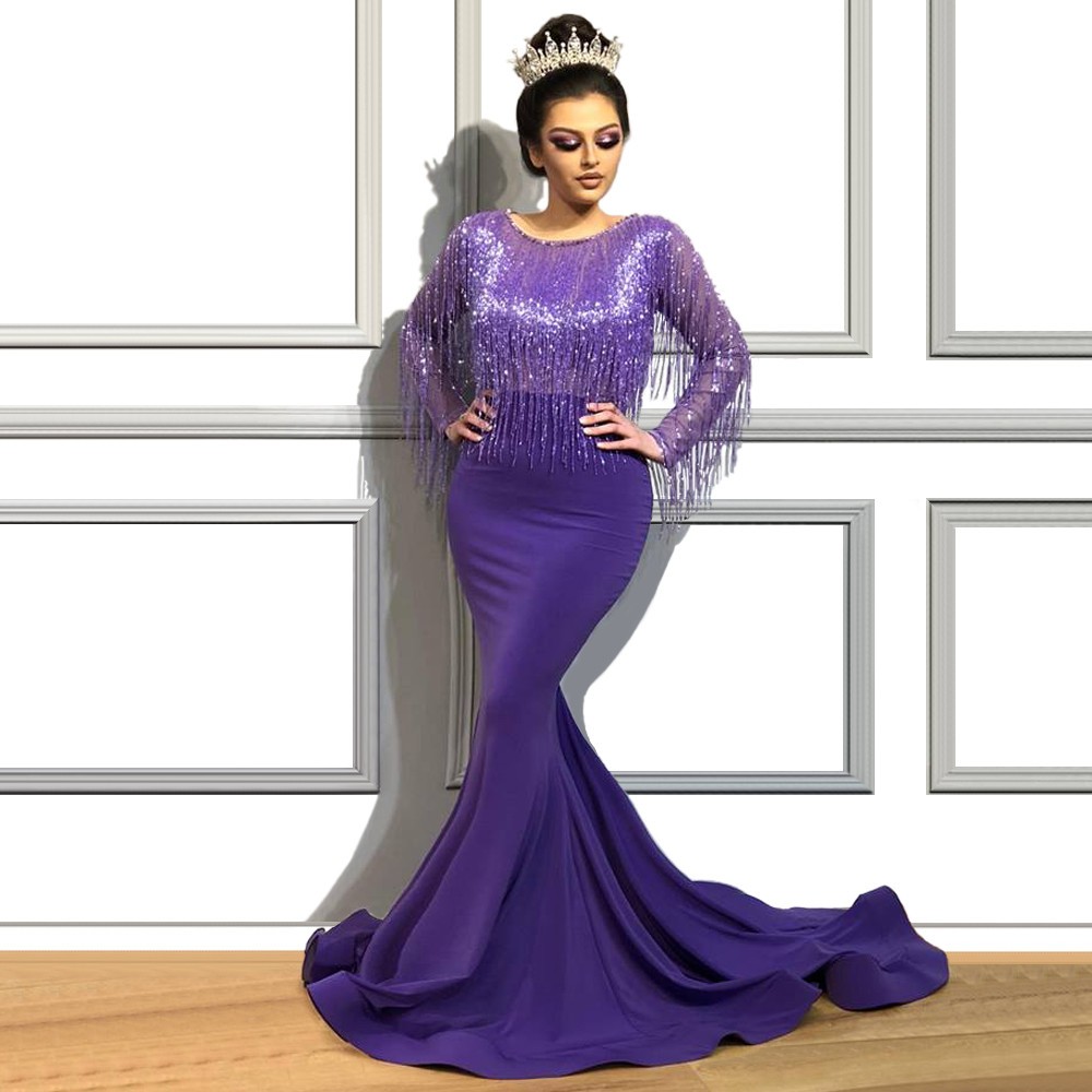 Purple Arabic Tassel Mermaid Evening Dresses Beaded Jewel Neck Long Sleeves Prom Gowns Sweep Train Satin Formal Dress