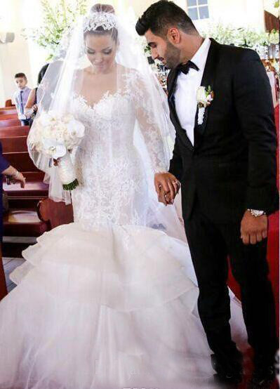 Charming Dubai Arabic Lace Organza Long Sleeve Mermaid Wedding Dresses Sheer Ruffles Bridal Gowns Plus Size Wedding Gowns