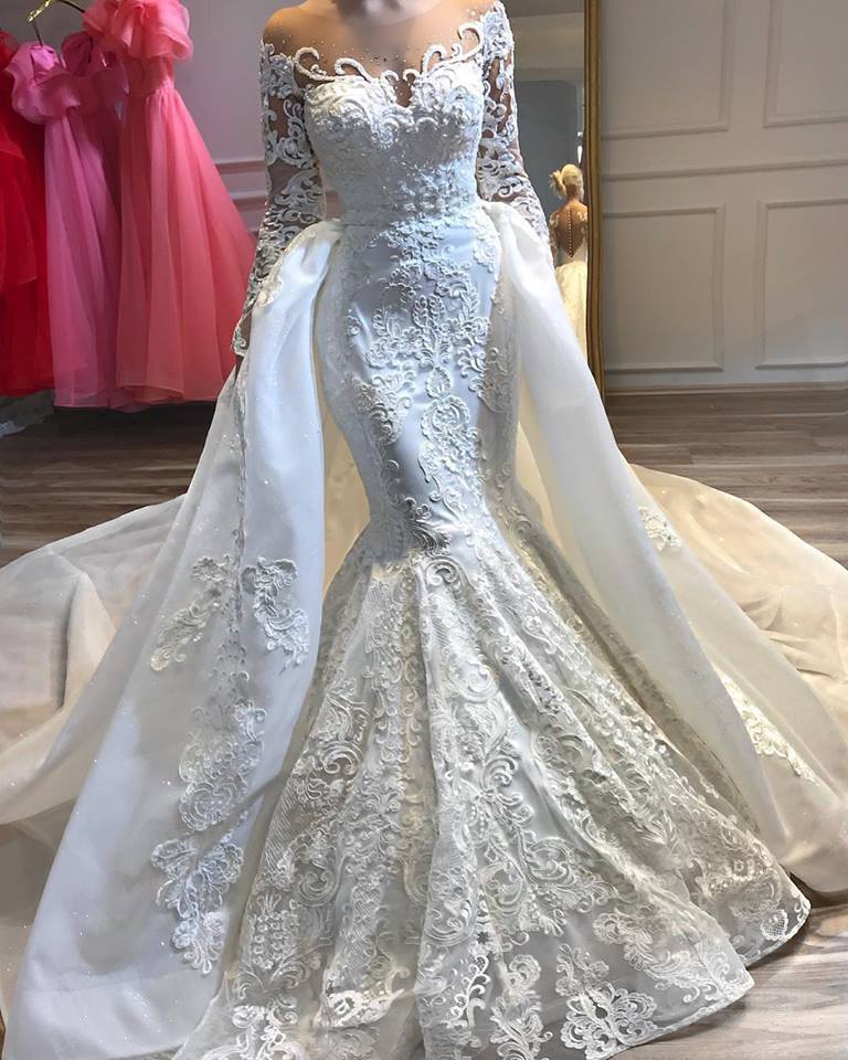 Two Pieces Mermaid Wedding Dresses with Detachable Train Luxury Lace Applique Crystal Sheer Neck Arabic Dubai Long Sleeve Wedding Gown