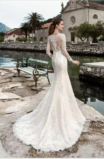 elegant long sleeve mermaid wedding dresses robe de mariage lace appliqued bridal gowns sheer crew neck vintage country wedding dress
