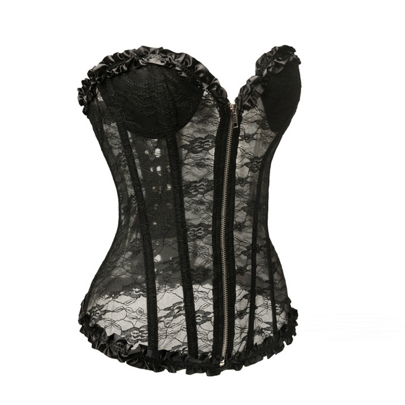 Lace Mesh Zipper Overbust Corset Women Fashion Padded Underwire Cups with Pleated Ruffle Trim Sexy Lace-up White Bridal Corset