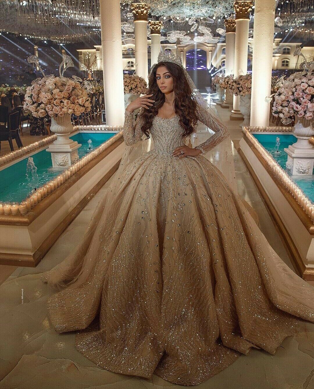 luxury champagne ball gown wedding dresses beading long sleeves bridal gowns lace appliqued plus size wedding dress