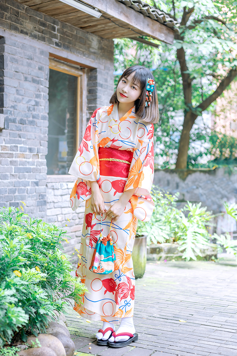 Cherry beauty Japanese kimono women formal red goldfish handle modified Clothing Standard version traditional kimono Japan Girl