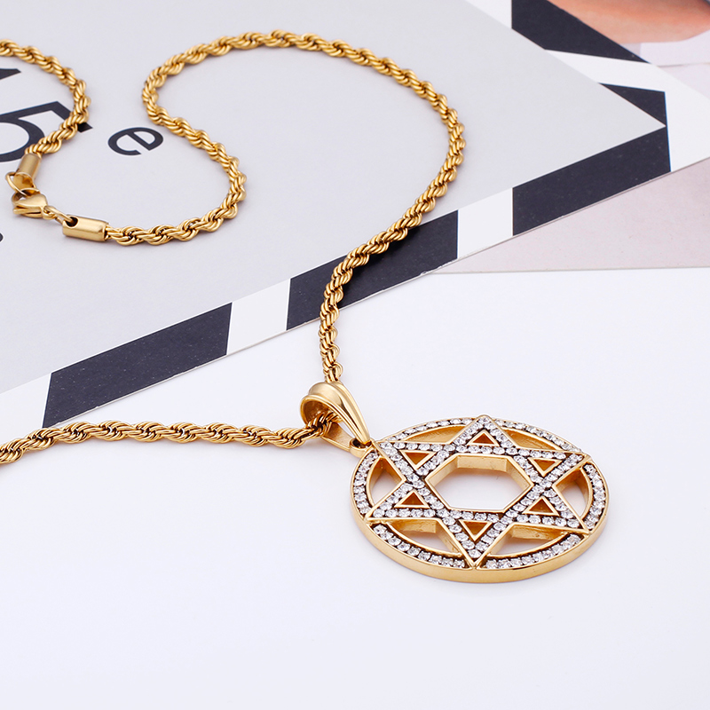 Men's Hip Hop Six-star Pendants Necklace 316L Stainless Steel Full Cubic Zirconia Setting 18K Gold Plated Jewelry
