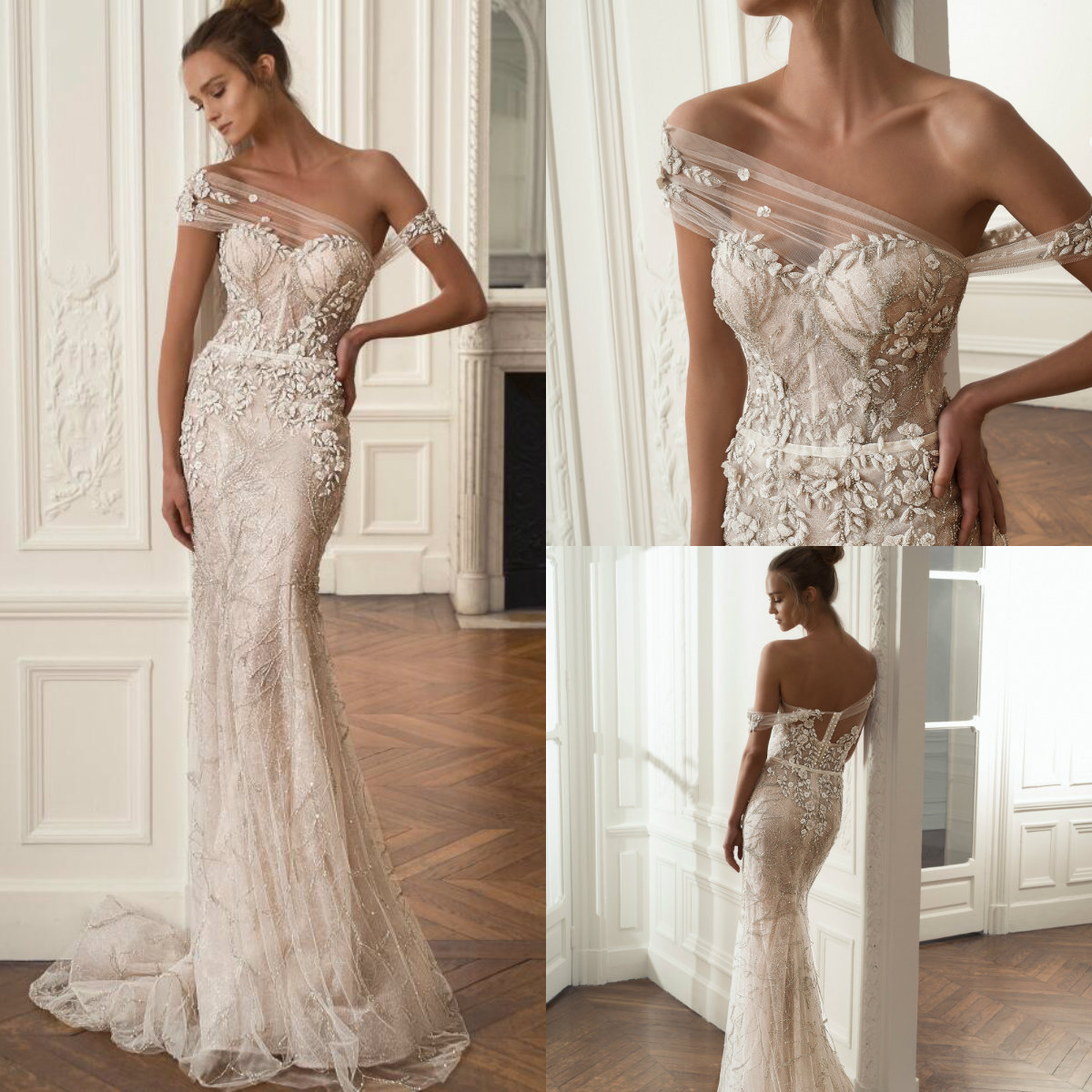 Beaded Mermaid Dresses Lace Appliqued Sweep Train One Shoulder Julie Vino Boho Wedding Dress Custom Plus Size Bridal Gowns