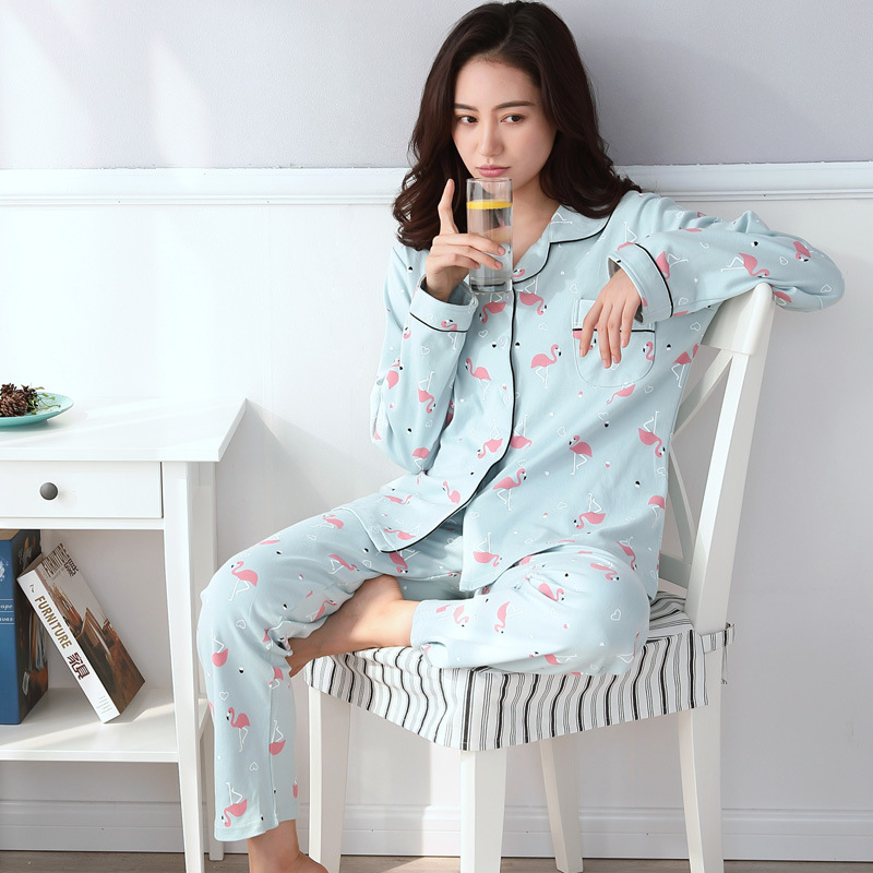 Print Flamingo Spring 2019 Loose Pajamas Women Girls Homewear Set Long Sleeve Elastic Waist Pants Cotton Lounge pyjamas S86907