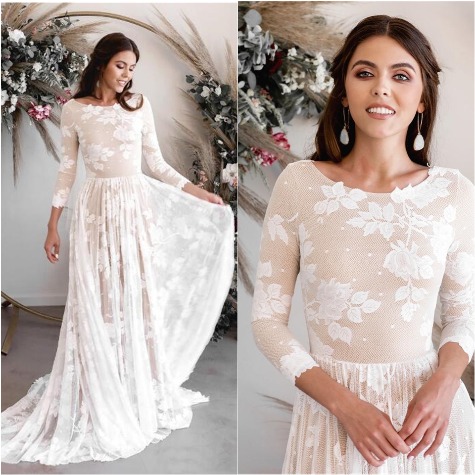 Vintage Bohemian Wedding Dresses with Nude Lining Long Sleeves Open Back Full Lace Boho Beach Garden Bridal Gowns