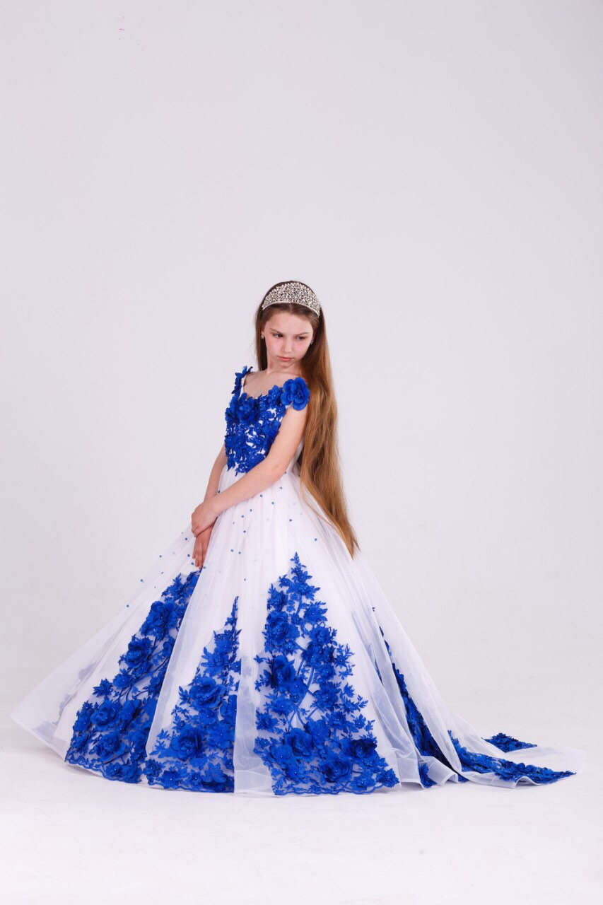 Royal Blue White Flowers Girls Pageant Dresses V Neck Lace Up Princess Prom Dress Floor Length Kids First Communion Gowns Wedding Evening