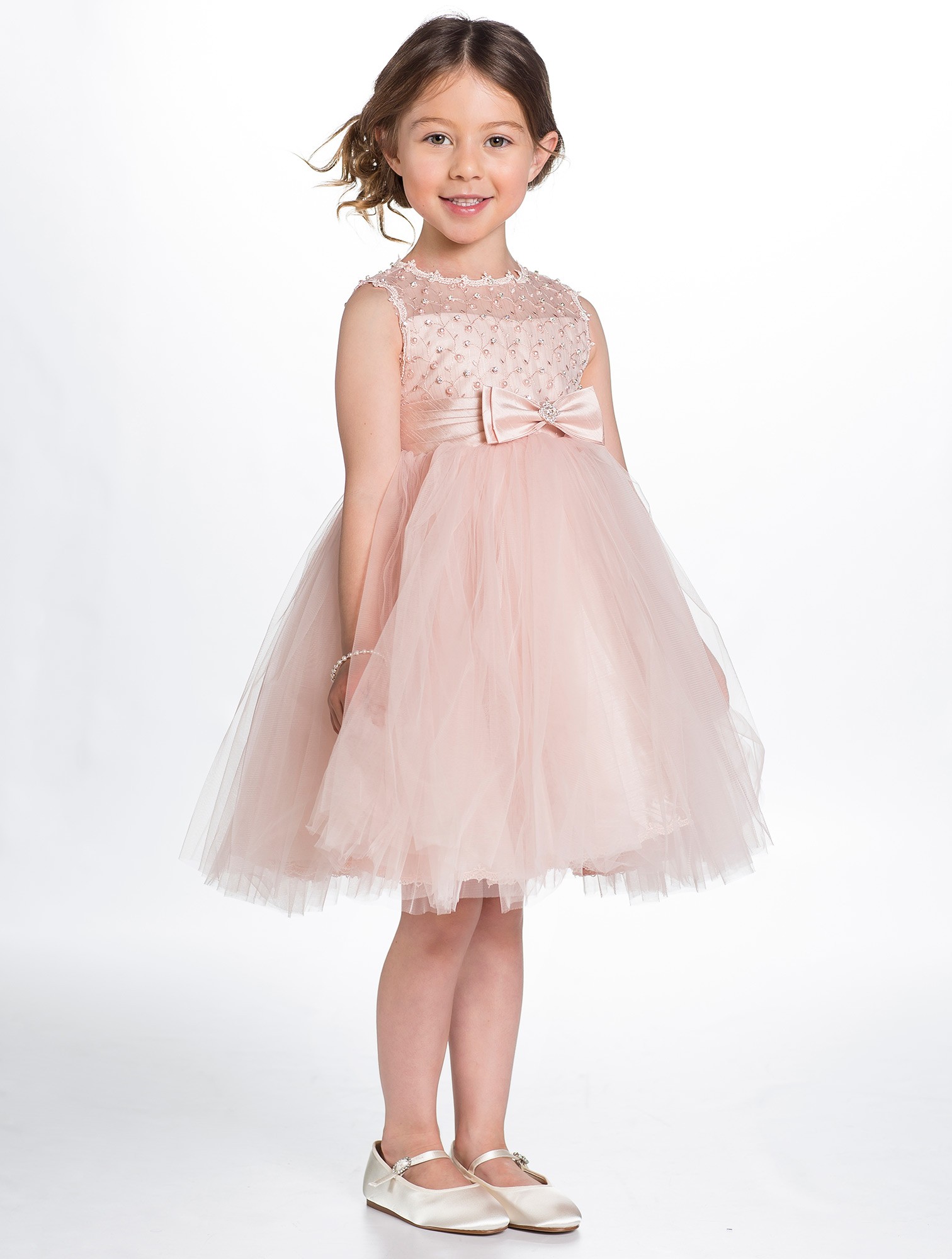 Pink Pearls Flower Girls' Dresses Short Tulle Bow Ball Gown Little Girls Knee Length Pageant Gowns