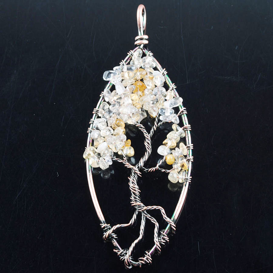 WOJIAER 94x37mm The Tree Of Life Pendant Handmade Tigers Eye Amethyst Gem Stone Marquise Shape BN325