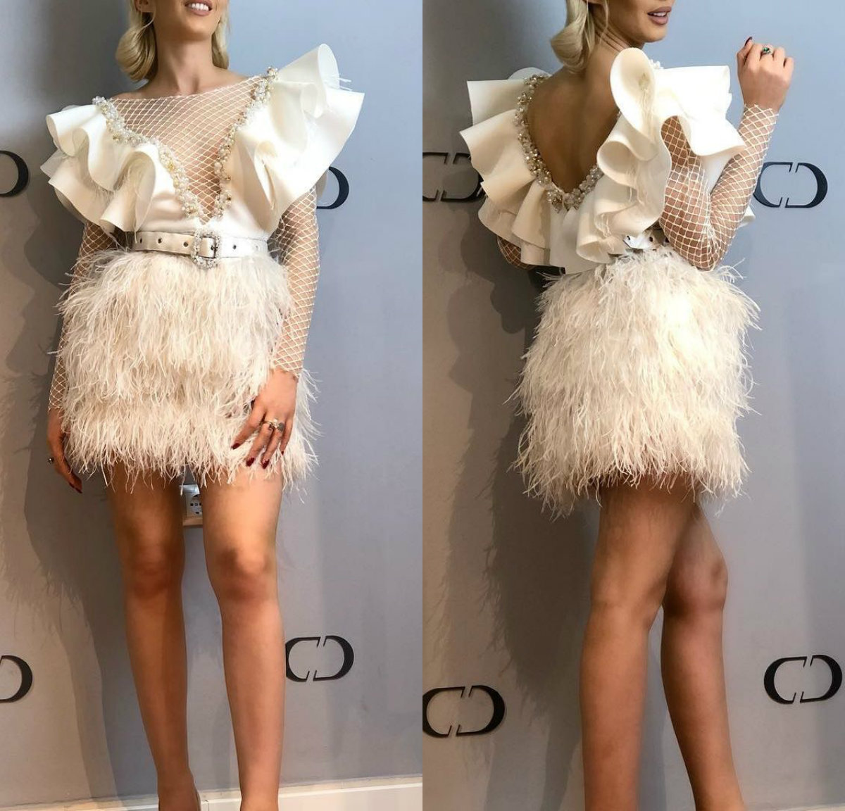 ivory short prom dresses jewel neck a line crystal feather cocktail party dress custom made fomal gowns evening wear