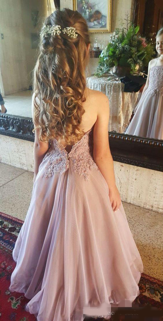Dusty Pink Flower Girls' Dresses Spagehetti Straps Lace Applique 2020 Backless Organza Floor Length A Line Little Girl Birthday Party Gown