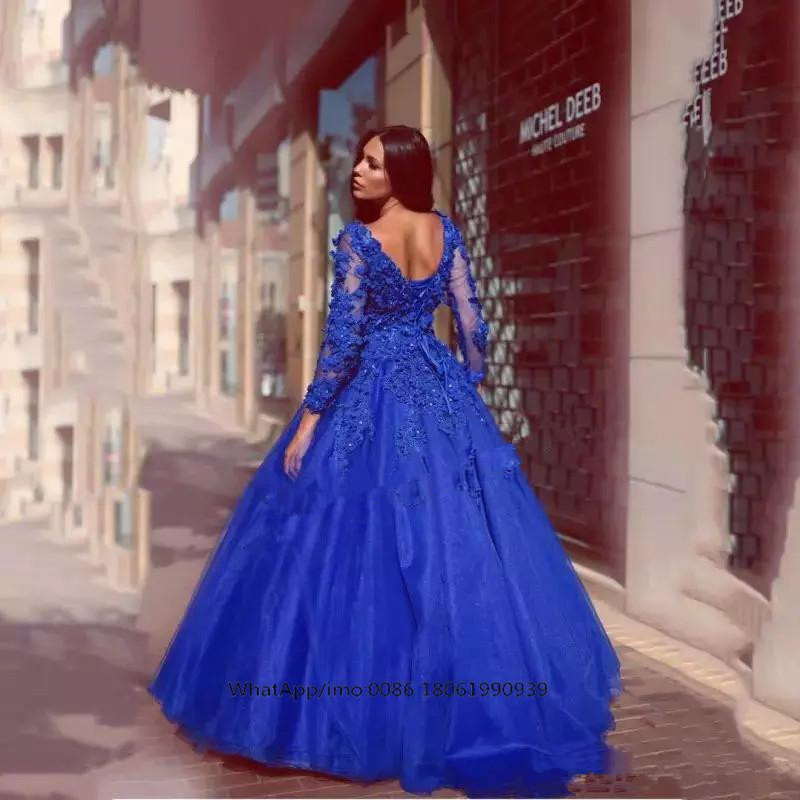 Cinderella Lace Quinceanera Dresses Royal Blue V neck Sweet 16 Dress Prom Ball Gowns Floral Appliqued Long Sleeves Party Prom Gowns