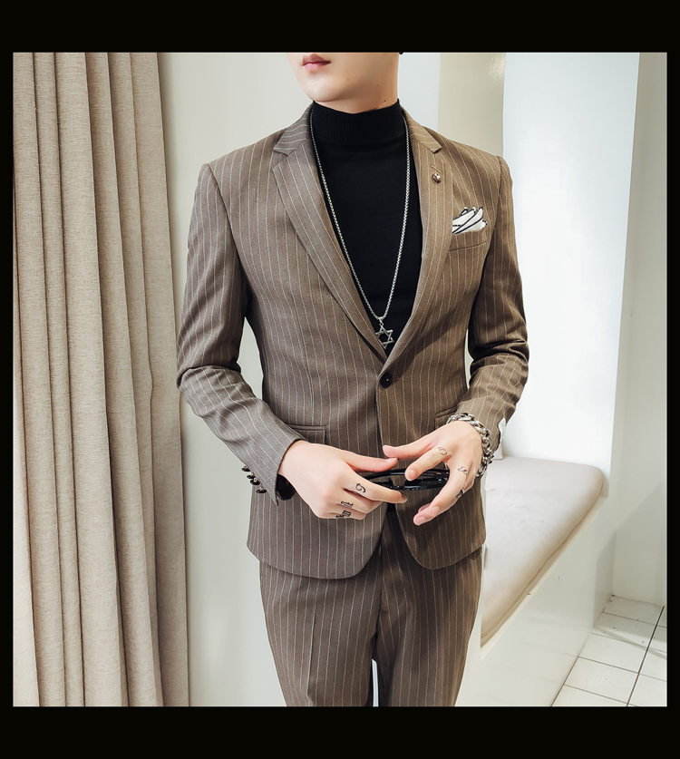 Young Fashion Men Wedding Tuxedos Stripe Slim Fit Pants Suits Two Pieces (Jacket+Pants) Peaked Lapel Custom Made Blazer