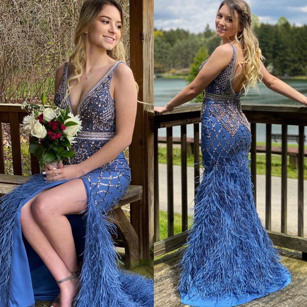 Amazing Eaded Feather Mermaid Prom Dree Deep V Neck Sequined Ackle Evening Gown Or Length Side Split Formal Dre
