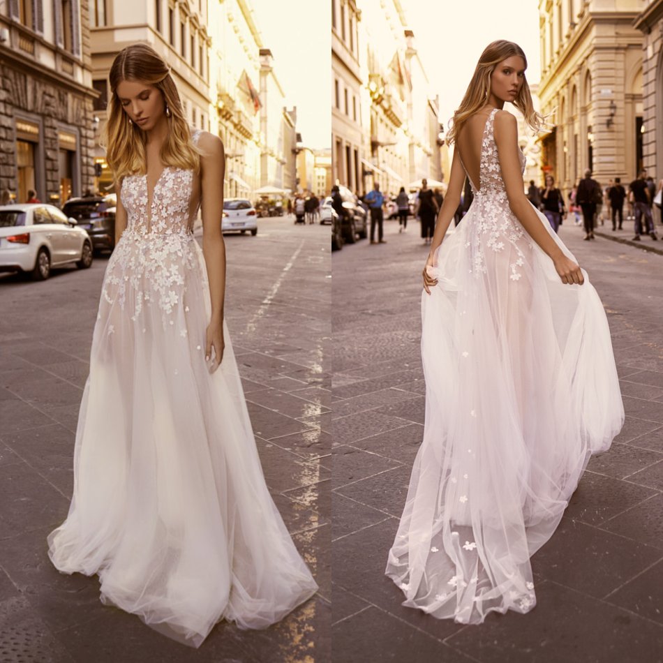 sexy spring beach wedding dresses lace appliqued beach boho v neck tulle a line backless bridal gowns vestido de novia