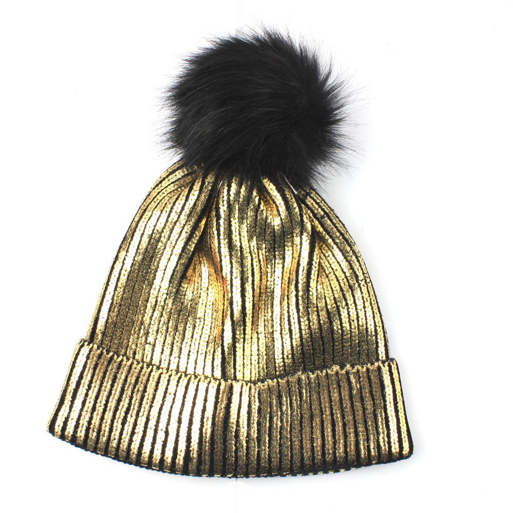 Knitted Bronzing Gold Silver Beanie Cap Pompom Winter Hats For Women Fur Pom Pom Ball Hat Ladies Girls Warm Skullies Beanies