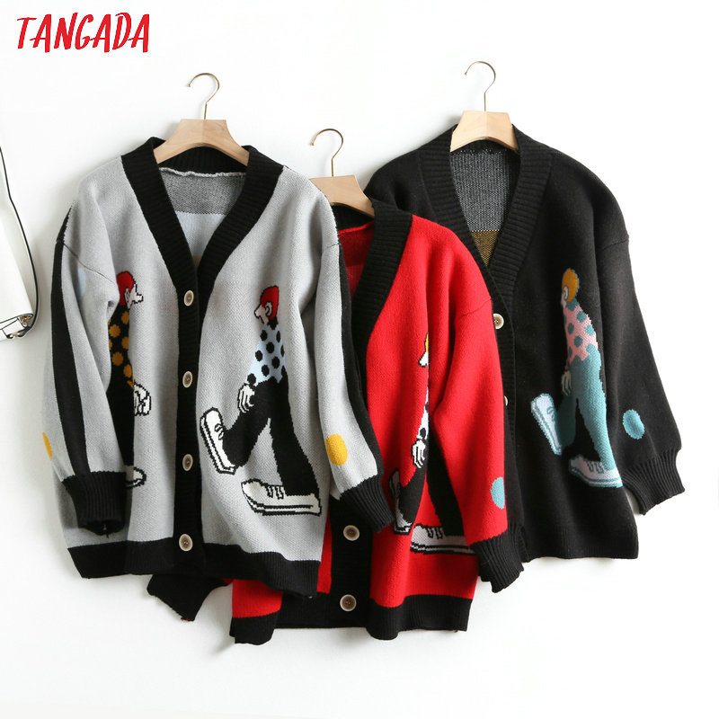 Tangada women cute cartoon cardigan sweater long sleeve buttons female thick knit sweaters basic red black grey tops BC21 V191217
