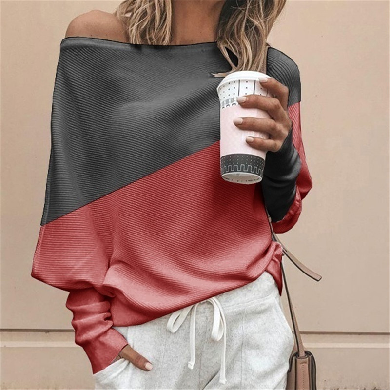 2021 autumn T-Shirt loose large size women's stitching contrast color long-sleeved female support mixed batch