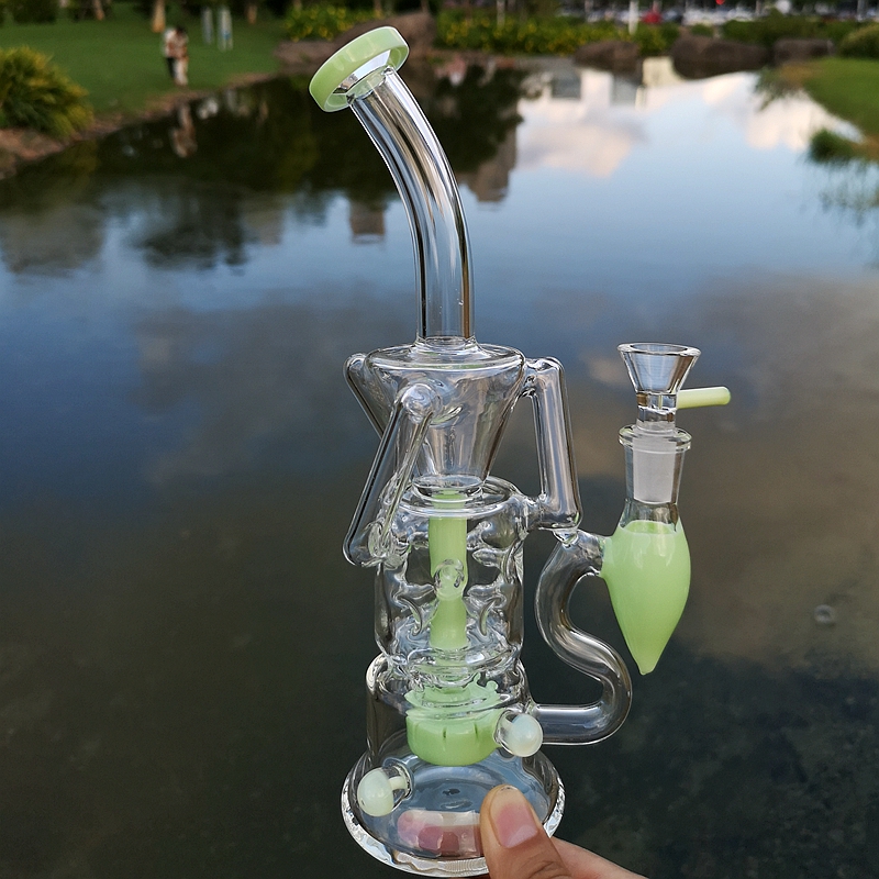

3 Colors Glass Bongs Double Recycler Turbine Perc Oil Dab Rigs Fab Egg Percolator Hookahs 14mm Female Joint Water Pipes With Bowl HR319