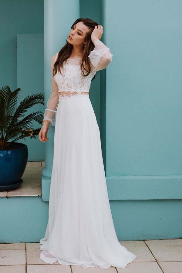 daisy bohemian wedding dresses two pieces long sleeve lace chiffon plus size beach boho chic bridal gowns robe de marie