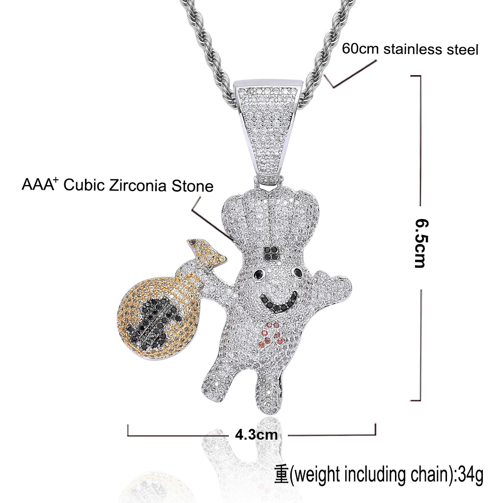 New Style 18K Gold Plated Iced Out CZ Zirconia US Dollar Sign Money Bag Doll Pendant Chain Necklace Hip Hop Rapper Jewelry for Men and Women