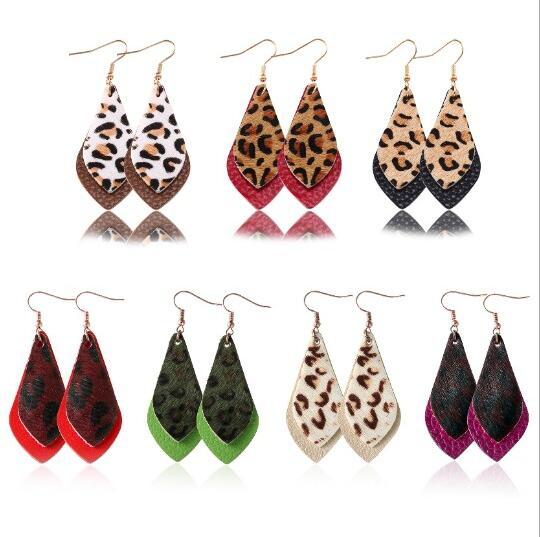 Printing Leopard drops earrings Autumn & Winter Double layers leaf real leather drop earrings for women gift GD4