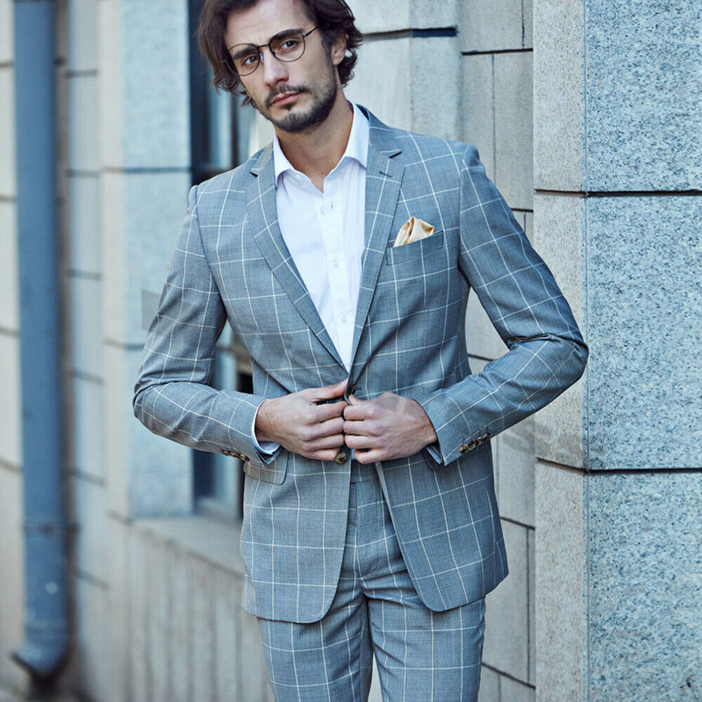 Classic Plaid Men Wedding Suits British Style Two Button Notched Lapel Tuxedos Formal Work Prom Office Business Blazer(Jacket+Pants)