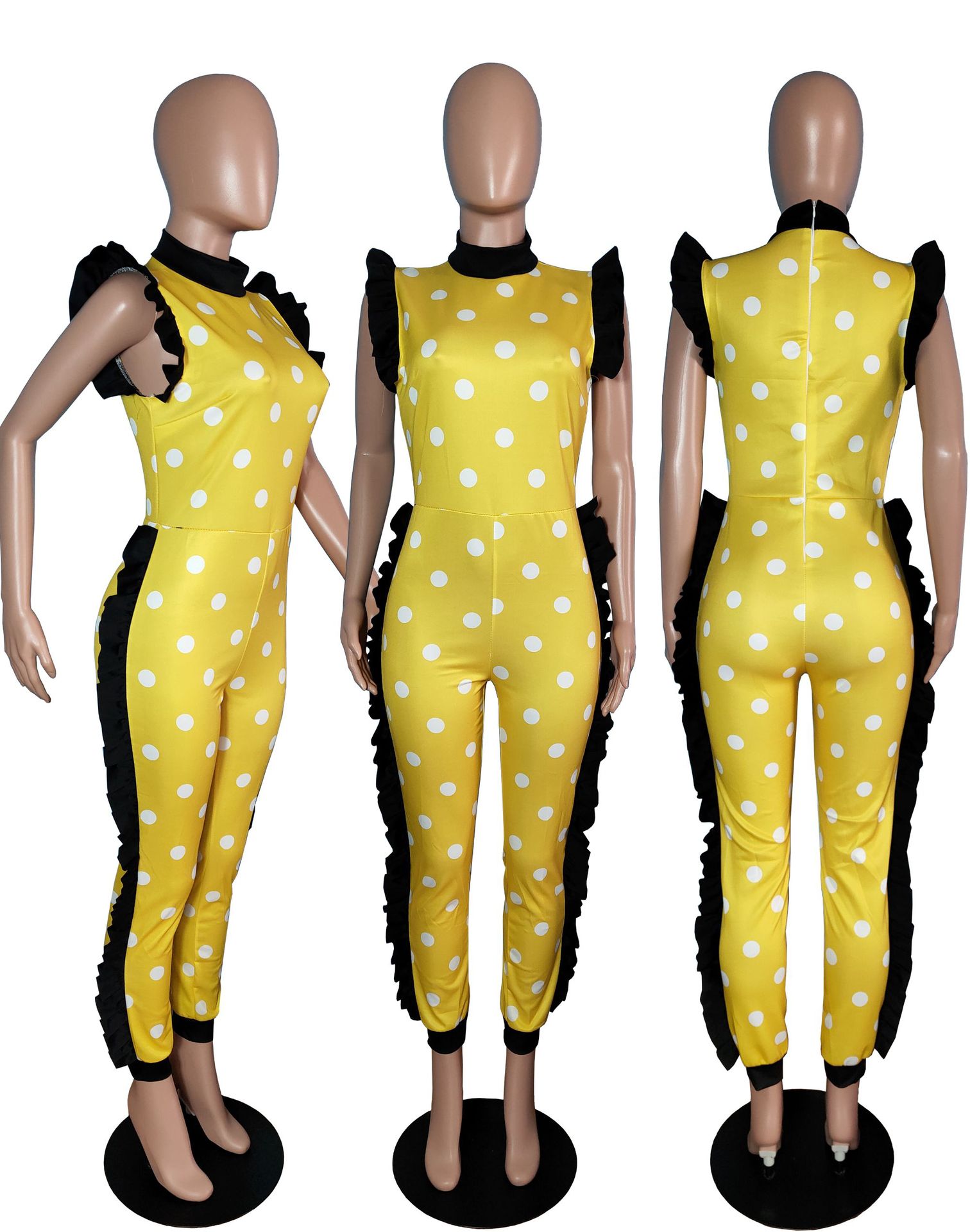 Jumpsuits European spring and summer fashion spotted ruffled long-sleeved Slim street jumpsuit support mixed batch