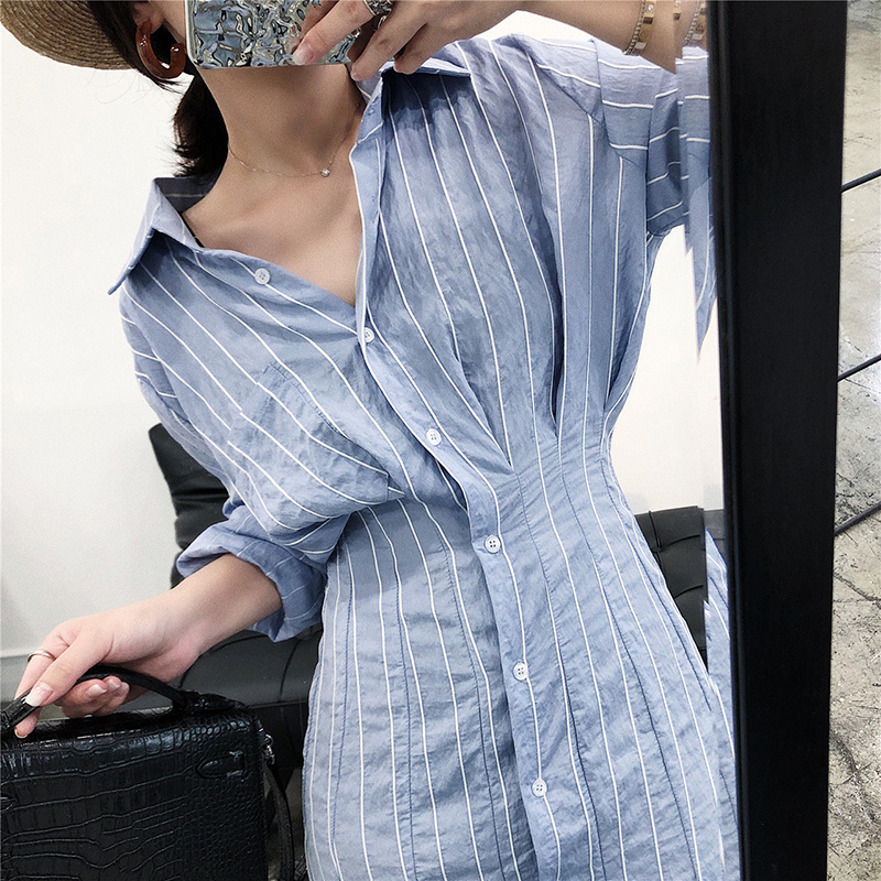 Wholesale-Autumn Women Dress Korean Style Slim Waist Striped Shirt Dress Long Sleeve Knee Length Ladies Elegant Midi Vestidos Jurken