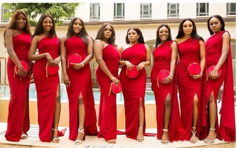 2020 Cheap Red Mermaid Bridesmaid Dresses Long One Shoulder Side Split Floor Length Long Wedding Guest Dress Formal Maid of Honor Gowns
