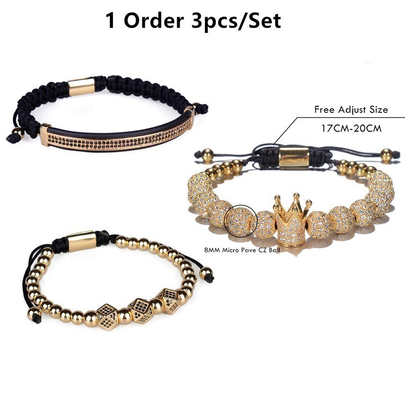 3pcs/set Hip Hop Gold Crown Bracelets 8mm Cubic Micro Pave Cz Ball Charm Braided Braiding Man Jewelry Pulseira Bileklik C19021501