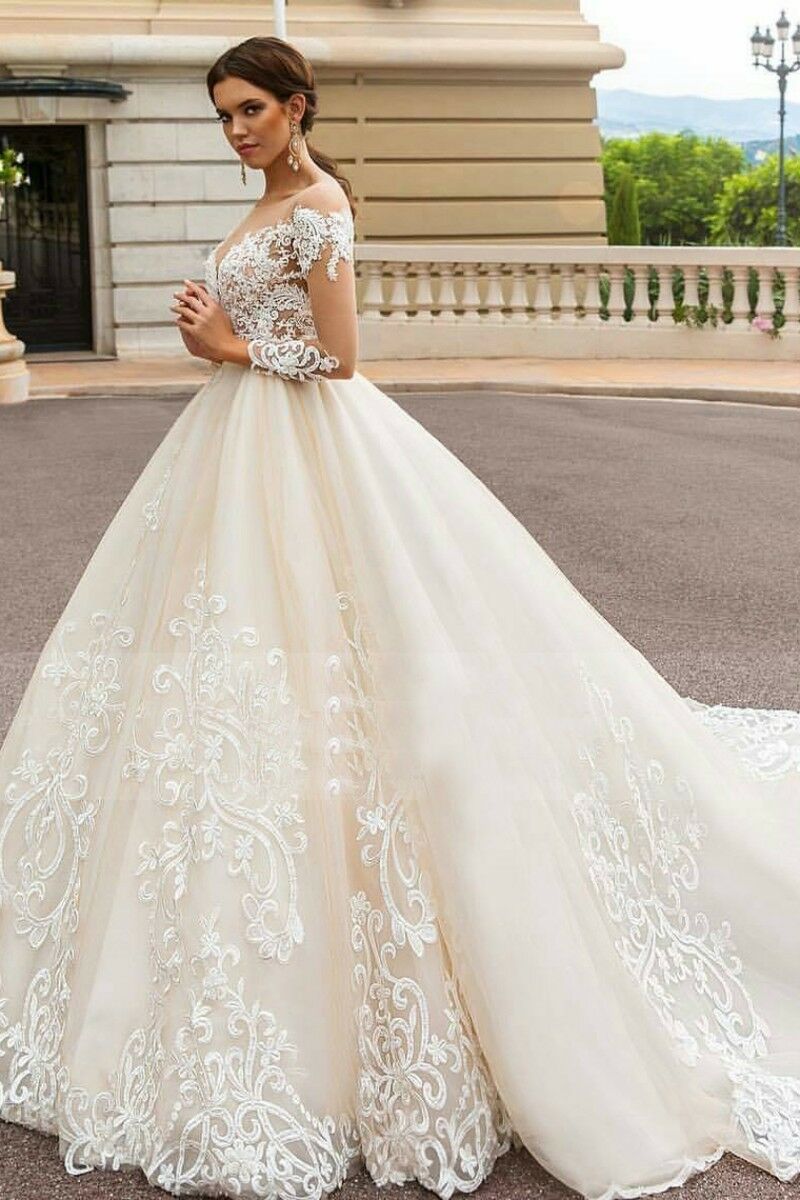 naviblue wedding dresses long sleeve lace appliques hollow sweep train chapel bridal gowns plus size beach vestido de novia
