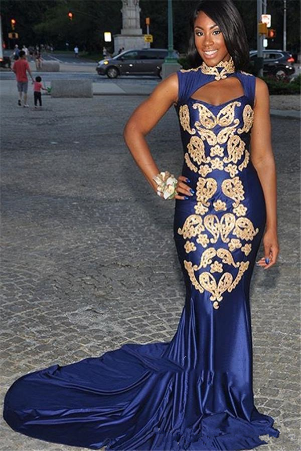 Royal Blue Mermaid Prom Dresses Gold Appliques High Neck Sweep Train South African Plus Size Evening Gowns Abendkleider Formal Wear