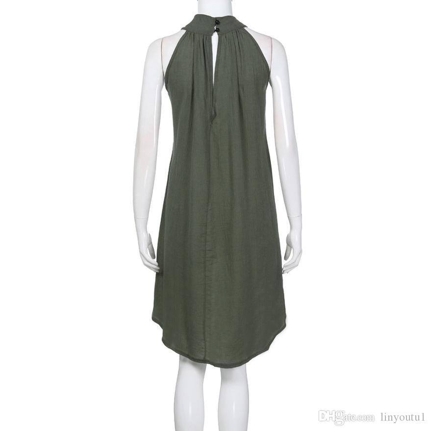 Linen Vest Sundress Draped Elegant Girl hot sale 2020 Casual Spring Pleated Dress Solid Color Sleeveless Round Neck Party Night