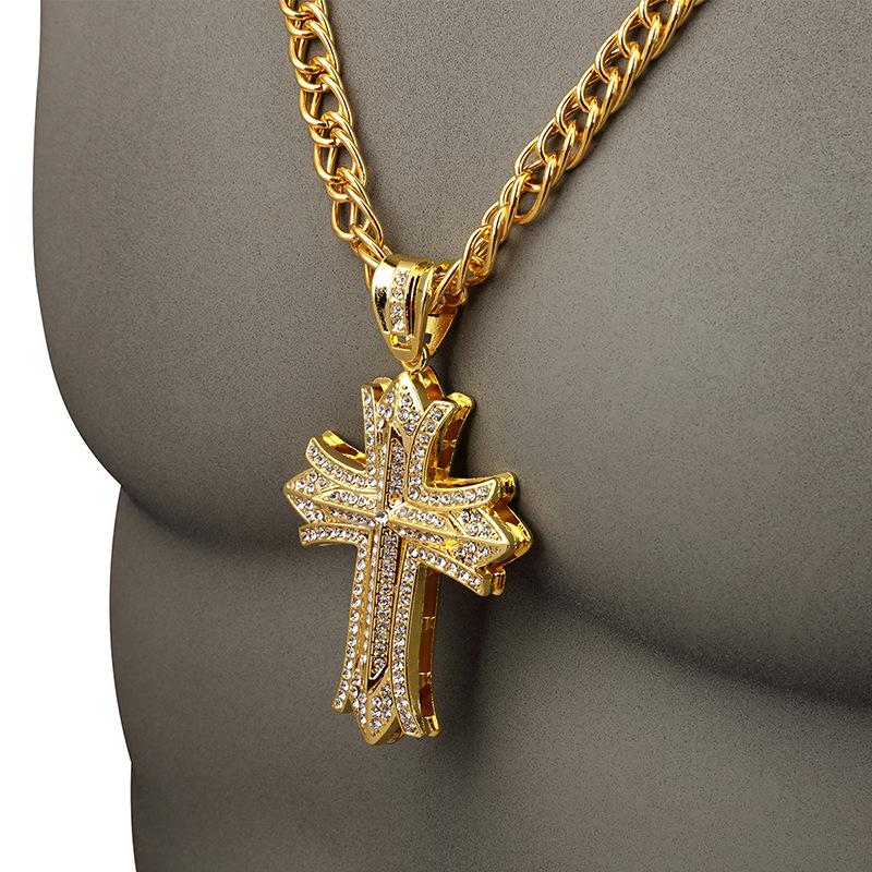 Wholesale-Long Chain Rock Hip Hop Necklace Cross Pendant Mens Jewelry Gold Silver Plated Hip hop Necklaces 90CM