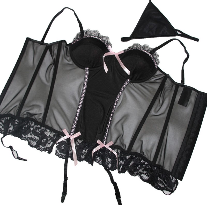 Women Gartered Push-up Bra Ruffle Lace Hem Mesh 6pcs Plastic Fully Boned Bustier with Thong Set Sexy Lingerie Corset with Pink Bows Accents