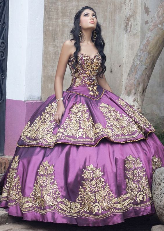 traditional light purple quinceanera dresses sweetheart ball gown gold appliques prom dress puffy lace up sweet 16 dress Princesa vestidos