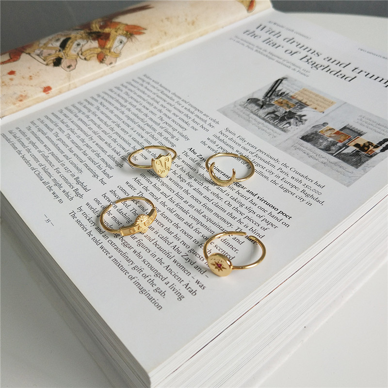 New 925 Sterling Silver Open Rings Letter Baby Moon Star Shield Type Adjustable Statement Ring Simple Fine Jewelry