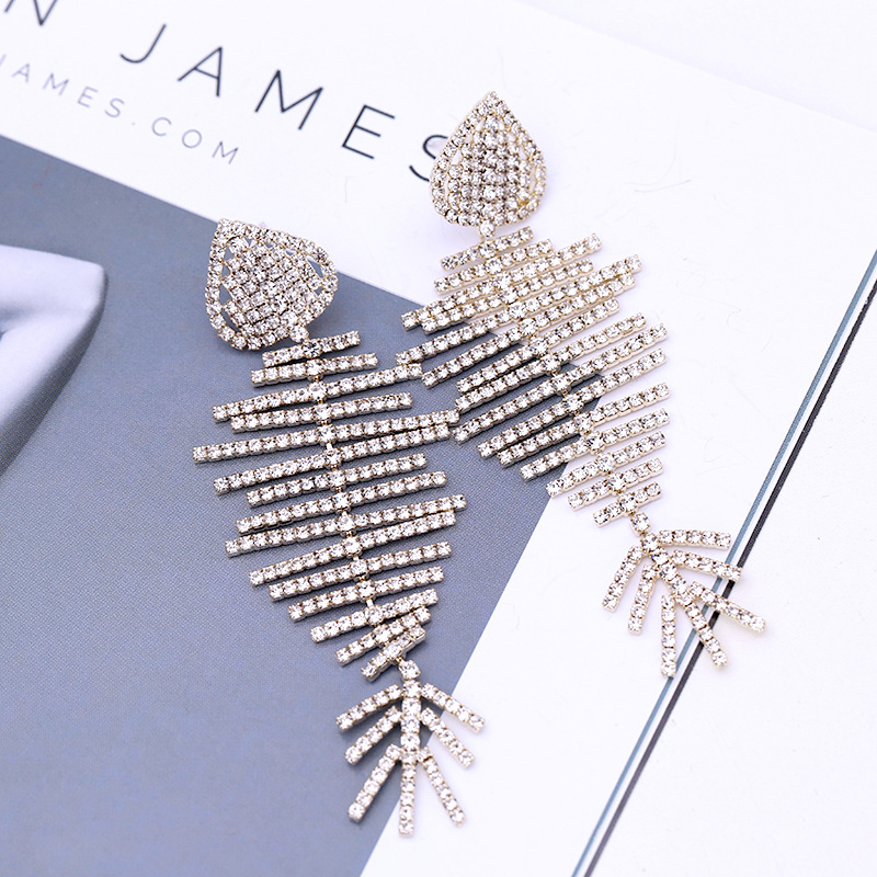 Shiny Bling Fish Skeleton S925 Silver Needle Dangle Drop Earrings New Style White Zircon Gold Plated Earring Jewelry Wholesale