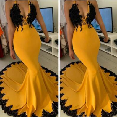 2020 Arabic Yellow Lace Sexy Evening Dresses Halter Mermaid Satin Prom Dresses Vintage Formal Party Bridesmaid Pageant Gowns