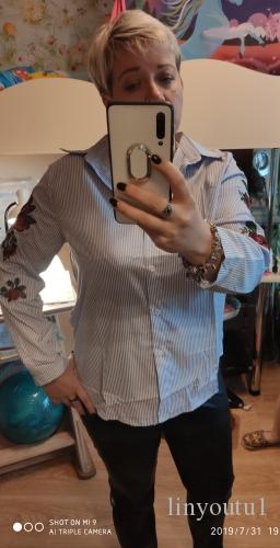 2020 Ih long sleeve rose flower embroidery; White Striped Blouse Women Casual Tops Kimono Office Women Blouses 2019 Spring Plus Size 4XL