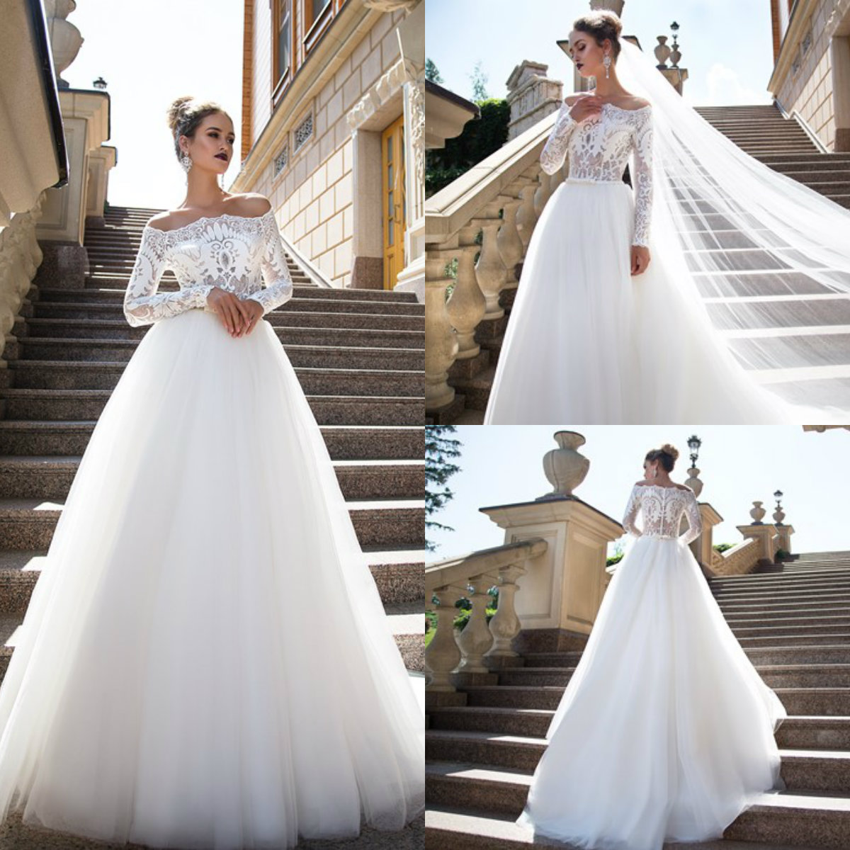 Simple Cheap Wedding Dresses Off The Shoulder Lace Appliques A Line Sweep Train Beach Wedding Dress Pearls Long Sleeve Boho Vestido De Novia