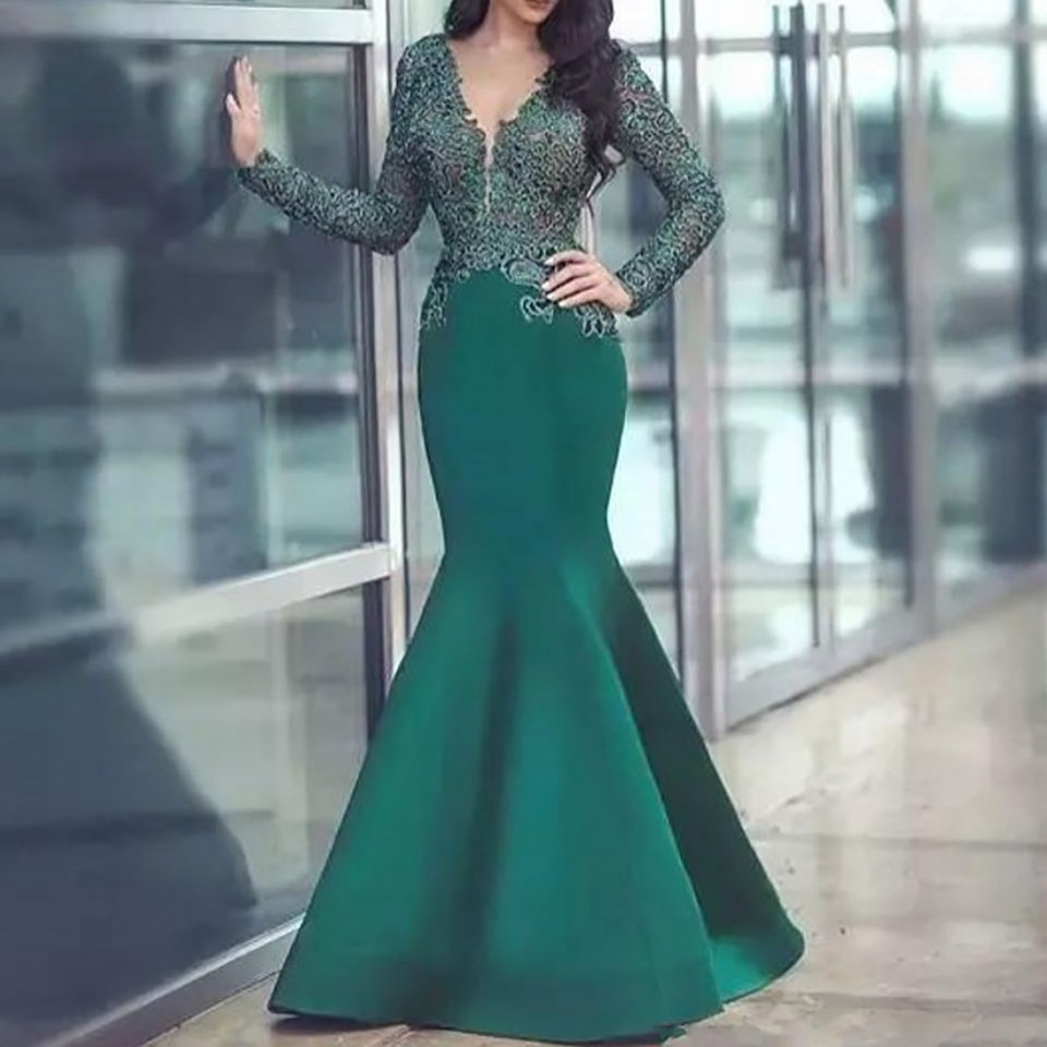 Green Muslim Evening Dresses V-neck Mermaid Long Sleeves Lace Islamic Dubai Saudi Arabic Elegant Long Formal Evening Gown