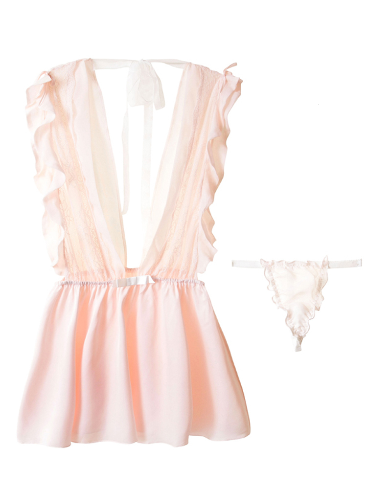 Leaf Lace Sheer Gauze Seductive Slumber Ruffles Satin Nightgowns Sleeping Dress Women Sexy Lingerie Sleepwear Lotus V191213