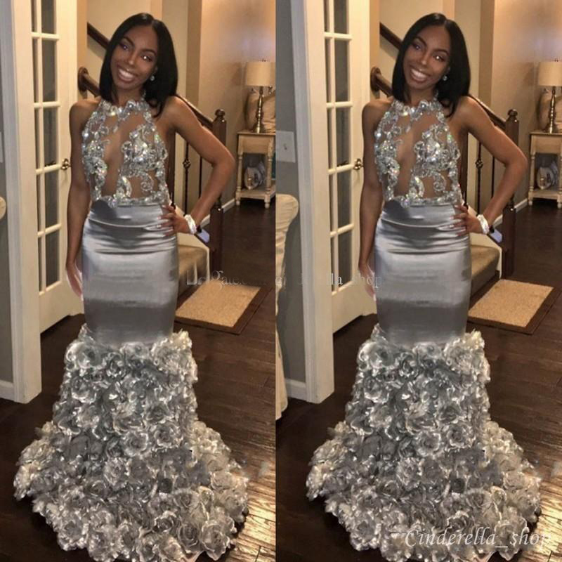 African Silver Mermaid Prom Dresses With 3D Flower Appliques Halter Backless Sweep Train Black Girl Evening Party Dresses Red Carpet Gowns