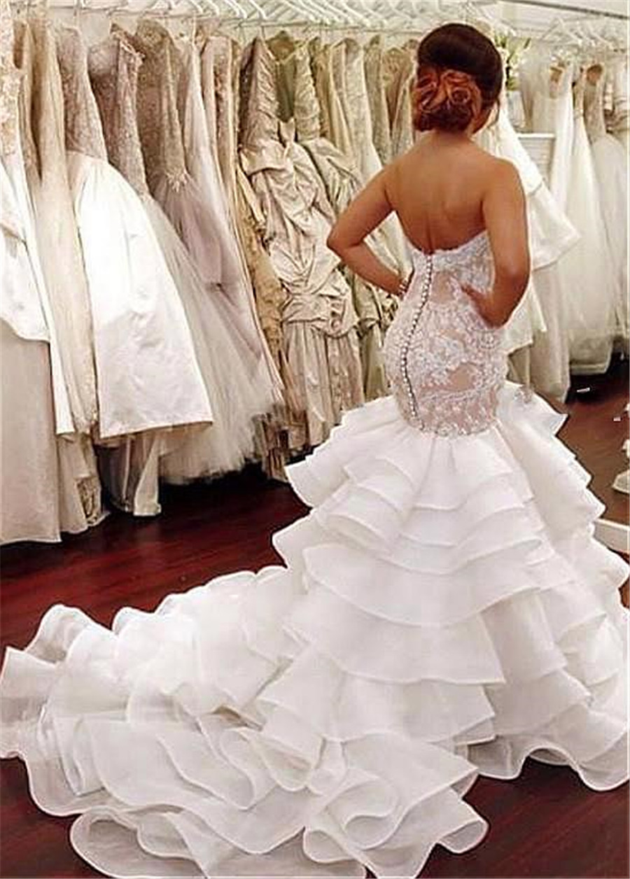 Fashionable Sweetheart Mermaid Wedding Dresses With Tiered Ruffles Lace Applique Organza Bridal Gowns Custom Made Beach Wedding Dress
