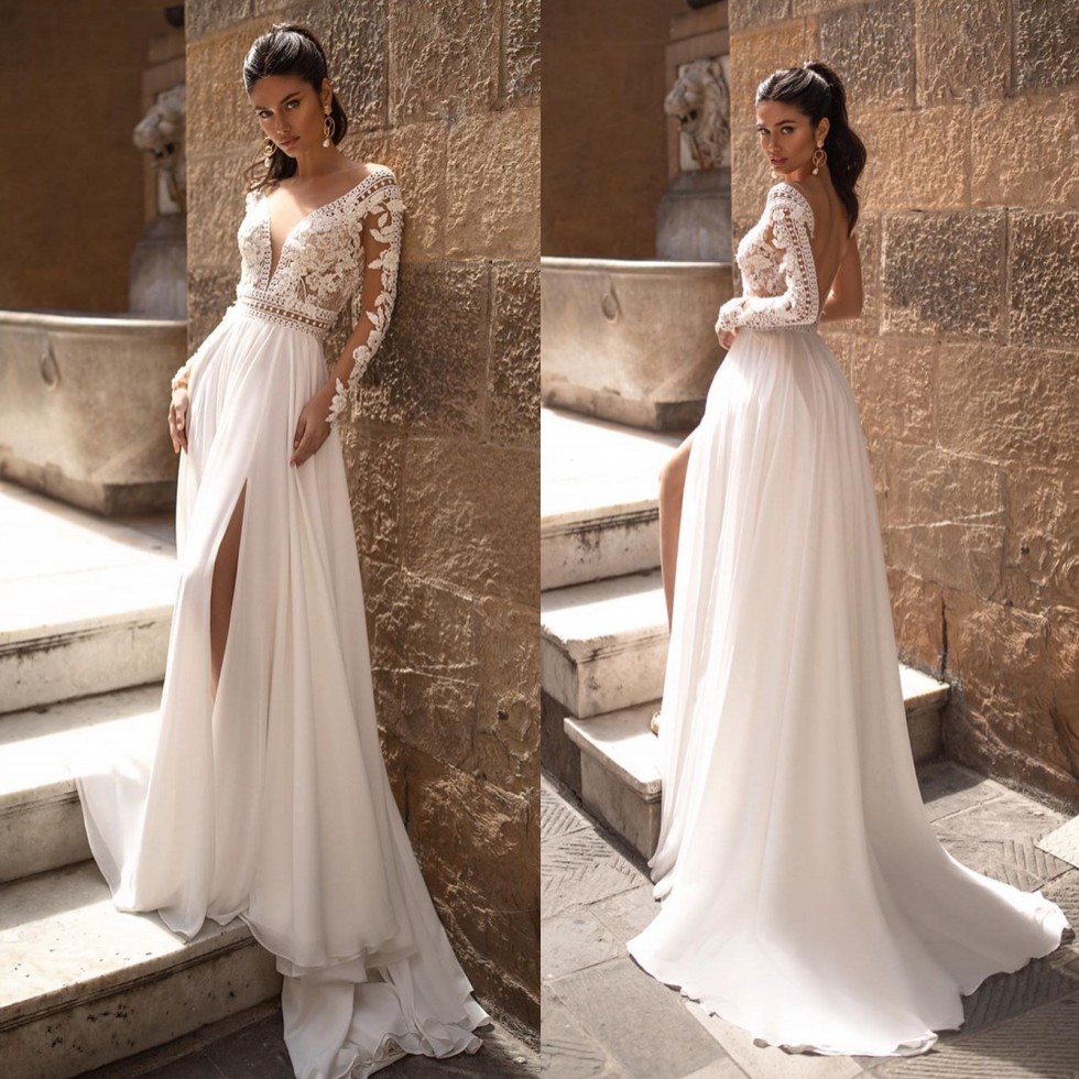Backless Stylish Lace Beach Wedding Dresses Sheer Deep V Neck Long Sleeves Bridal Gowns A Line Side Split Chiffon Robe De Marie